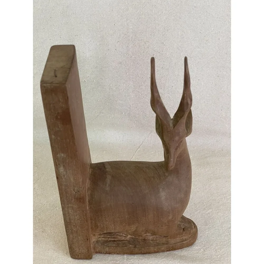 Mid-Century Decor Wood Deer Bookend (1) Hand Carved Antelope Gazelle Heavy Solid